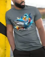 Epic Shark Splash Tee - model leaning on yellow-black pole, wearing Gray T-shirt, hand in pocket
