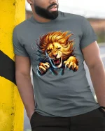 Powerful Lion Graphic T-Shirt - model leaning on yellow-black pole, wearing Gray T-shirt, hand in pocket