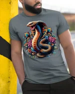 King Cobra Tee with Vibrant Lotus Artwork - model leaning on yellow-black pole, wearing Gray T-shirt, hand in pocket