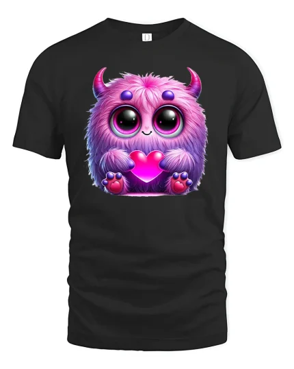 Cute Pink Monster Holding Heart T-shirt - black t-shirt on white background