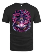Magical Wizard with Spell Tome T-shirt - black t-shirt on white background