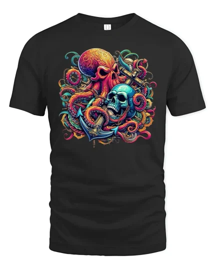 Pirate Skull and Octopus Anchor Tee - black t-shirt on white background