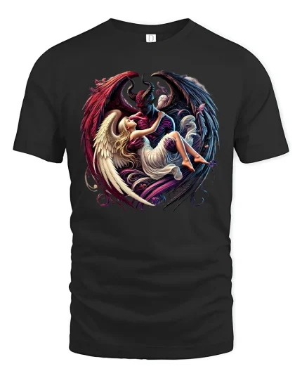 Angel and Demon Heart T-Shirt - black t-shirt on white background