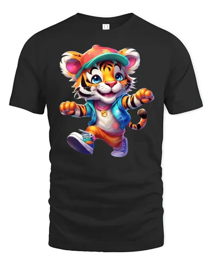 Cool Streetwear Tiger Cartoon T-shirt - black t-shirt on white background