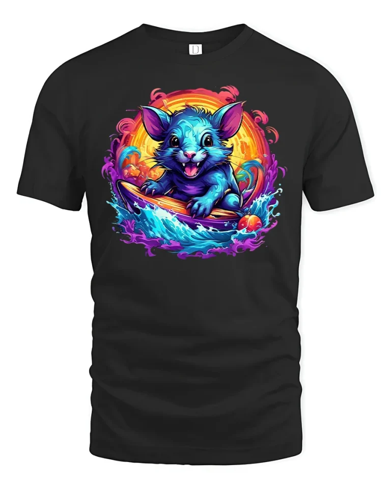 Adorable Blue Cat Surfer Tee - black t-shirt on white background