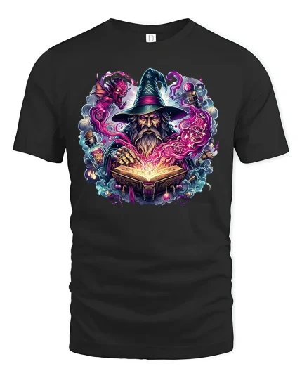 Mystic Wizard Spellcasting Magic Art Tee - black t-shirt on white background