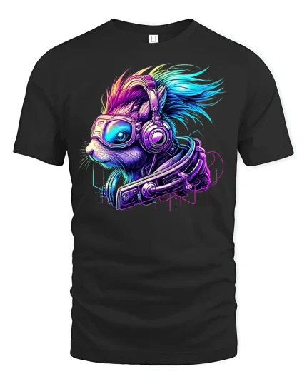 Cyberpunk DJ Squirrel Neon Tee - black t-shirt on white background