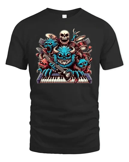 Rockin’ Monster Band Keyboard Guitar Tee - black t-shirt on white background