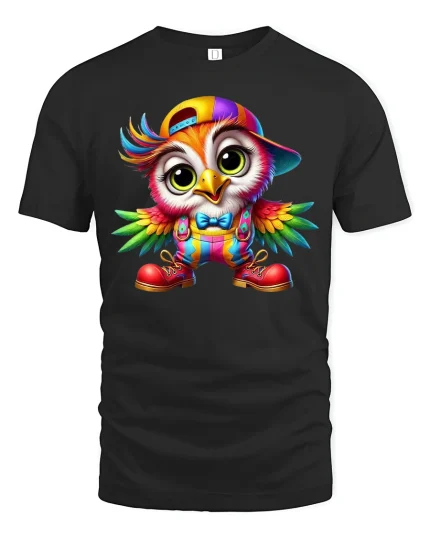 Colorful Hip Hop Owl Cartoon Tee - black t-shirt on white background