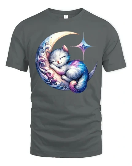 Moonlit Sleeping Cat Fantasy T-shirt - gray t-shirt on white background