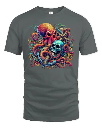 Pirate Skull and Octopus Anchor Tee - gray t-shirt on white background