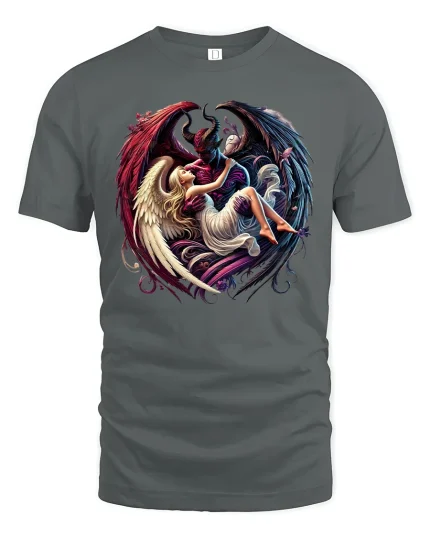 Angel and Demon Heart T-Shirt - gray t-shirt on white background