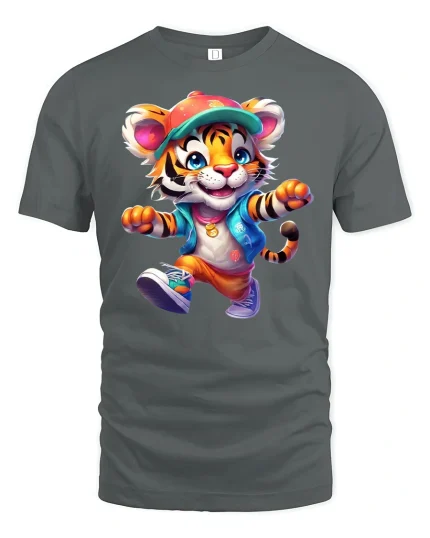 Cool Streetwear Tiger Cartoon T-shirt - gray t-shirt on white background