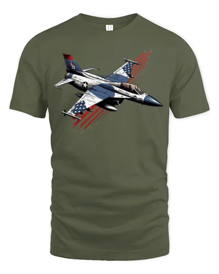 Fighter Jet Patriot Pride Graphic Tee - military green t-shirt on white background