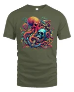 Pirate Skull and Octopus Anchor Tee - military green t-shirt on white background