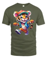 Cool Streetwear Tiger Cartoon T-shirt - military green t-shirt on white background