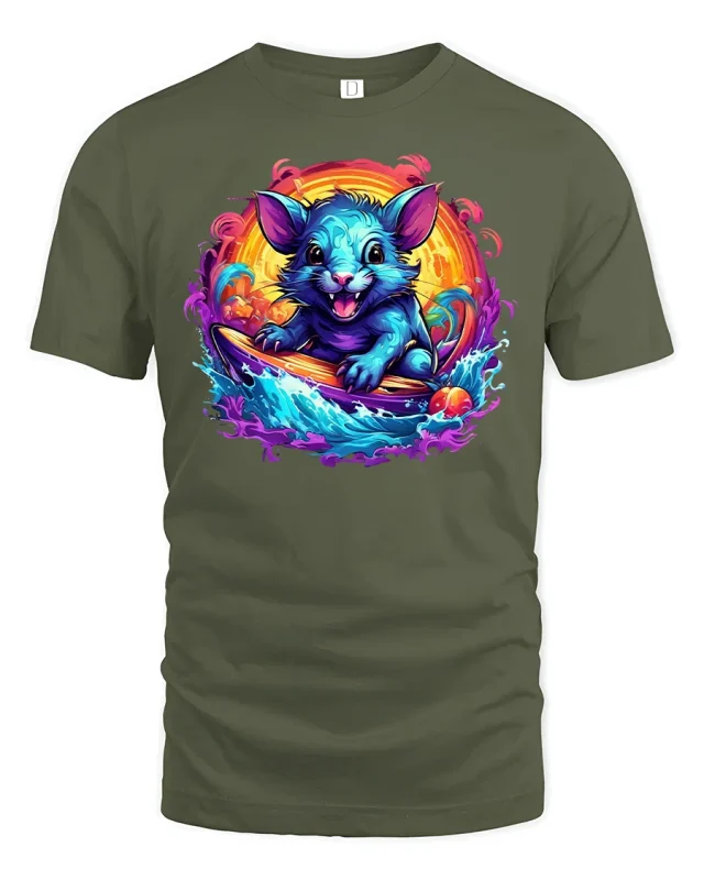 Adorable Blue Cat Surfer Tee - military green t-shirt on white background