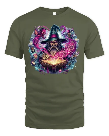 Mystic Wizard Spellcasting Magic Art Tee - military green t-shirt on white background