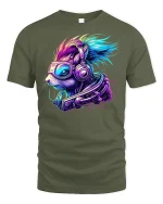Cyberpunk DJ Squirrel Neon Tee - military green t-shirt on white background