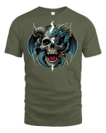 Lightning Dragon and Skull Warrior Tee - military green t-shirt on white background