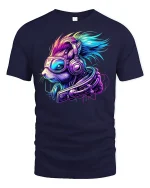 Cyberpunk DJ Squirrel Neon Tee - navy t-shirt on white background