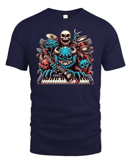 Rockin’ Monster Band Keyboard Guitar Tee - navy t-shirt on white background