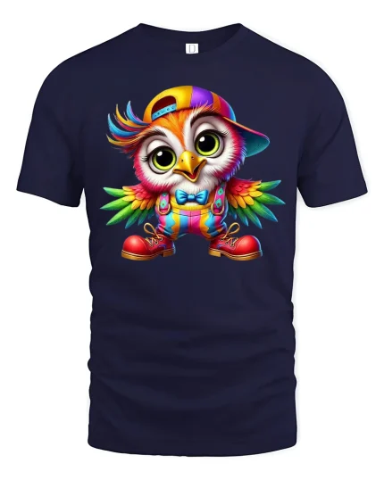 Colorful Hip Hop Owl Cartoon Tee - navy t-shirt on white background