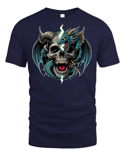Lightning Dragon and Skull Warrior Tee - navy t-shirt on white background