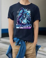 Powerful Sorcerer Magic Energy Tshirt - model wearing Navy T-shirt, hands in pockets, denim shirt at waist