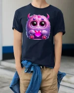Cute Pink Monster Holding Heart T-shirt - model wearing Navy T-shirt, hands in pockets, denim shirt at waist
