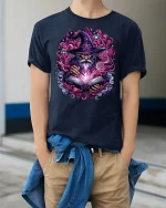 Magical Wizard with Spell Tome T-shirt - model wearing Navy T-shirt, hands in pockets, denim shirt at waist