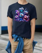 Happy Octopus Family Funny Sea Life Tee - model wearing Navy T-shirt, hands in pockets, denim shirt at waist