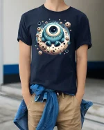 Cute Cyclops Monster Moon Cookie Tee - model wearing Navy T-shirt, hands in pockets, denim shirt at waist