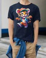 Cool Streetwear Tiger Cartoon T-shirt - model wearing Navy T-shirt, hands in pockets, denim shirt at waist