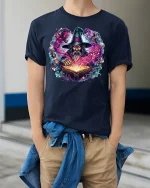 Mystic Wizard Spellcasting Magic Art Tee - model wearing Navy T-shirt, hands in pockets, denim shirt at waist