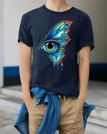 Surreal Butterfly Eye Dripping Tshirt - model wearing Navy T-shirt, hands in pockets, denim shirt at waist