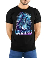 Powerful Sorcerer Magic Energy Tshirt - model with hands behind back, wearing Black T-shirt and blue jeans