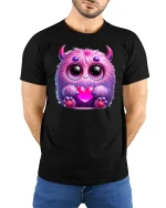 Cute Pink Monster Holding Heart T-shirt - model with hands behind back, wearing Black T-shirt and blue jeans