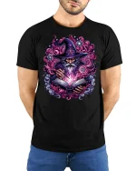 Magical Wizard with Spell Tome T-shirt - model with hands behind back, wearing Black T-shirt and blue jeans