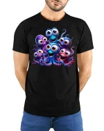 Happy Octopus Family Funny Sea Life Tee - model with hands behind back, wearing Black T-shirt and blue jeans