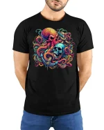 Pirate Skull and Octopus Anchor Tee - model with hands behind back, wearing Black T-shirt and blue jeans