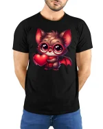 Cute Love Bat with Heart Glasses Tee - model with hands behind back, wearing Black T-shirt and blue jeans