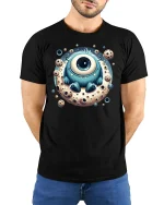 Cute Cyclops Monster Moon Cookie Tee - model with hands behind back, wearing Black T-shirt and blue jeans