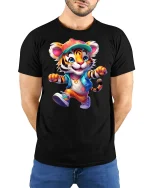 Cool Streetwear Tiger Cartoon T-shirt - model with hands behind back, wearing Black T-shirt and blue jeans