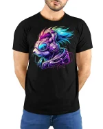 Cyberpunk DJ Squirrel Neon Tee - model with hands behind back, wearing Black T-shirt and blue jeans