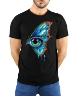 Surreal Butterfly Eye Dripping Tshirt - model with hands behind back, wearing Black T-shirt and blue jeans