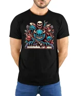 Rockin’ Monster Band Keyboard Guitar Tee - model with hands behind back, wearing Black T-shirt and blue jeans