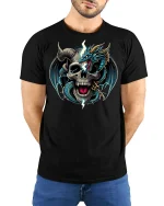 Lightning Dragon and Skull Warrior Tee - model with hands behind back, wearing Black T-shirt and blue jeans