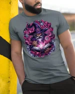 Magical Wizard with Spell Tome T-shirt - model leaning on yellow-black pole, wearing Gray T-shirt, hand in pocket