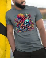 Pirate Skull and Octopus Anchor Tee - model leaning on yellow-black pole, wearing Gray T-shirt, hand in pocket